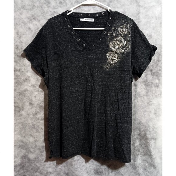 Maurices light Knit top tee tunic Sz L roses black please read - Picture 2 of 4